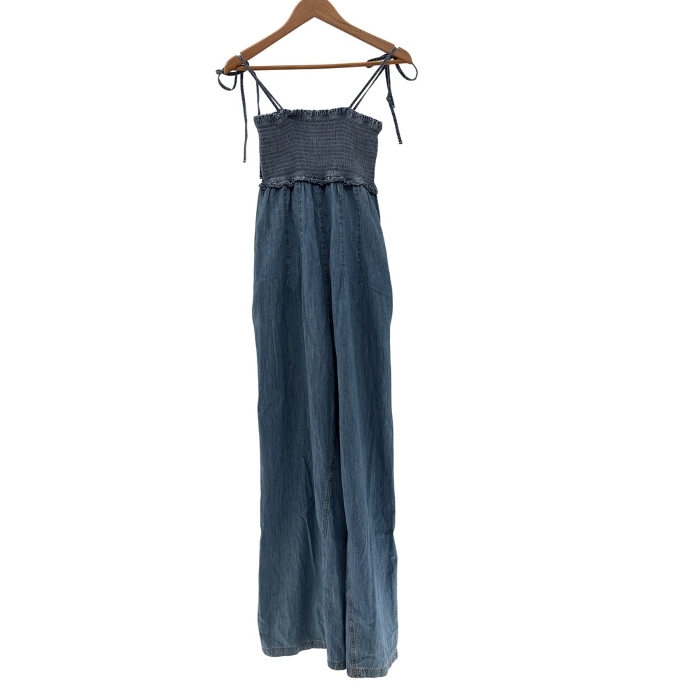 Free People Overalls Jumpsuit Wide Leg Denim Smocked Medium Blue Ruffle